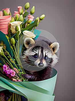 Adorable baby raccoon with flowers