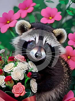 Adorable baby raccoon with flowers