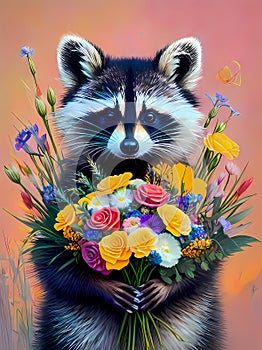 Adorable baby raccoon with flowers