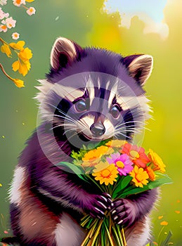 Adorable baby raccoon with flowers