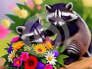 Adorable baby raccoons with flowers