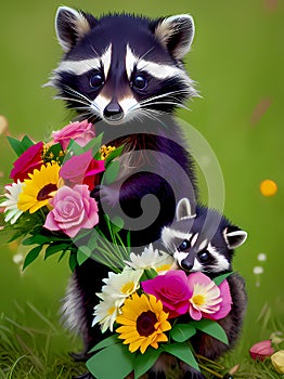 Adorable baby raccoons with flowers