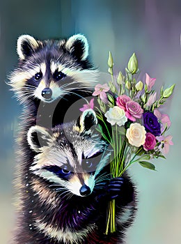 Adorable baby raccoons with flowers