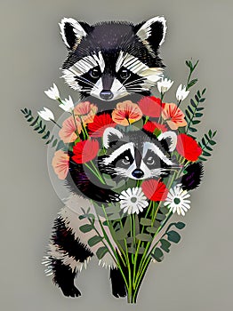 Adorable baby raccoons with flowers