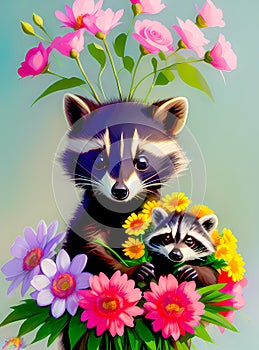 Adorable baby raccoons with flowers