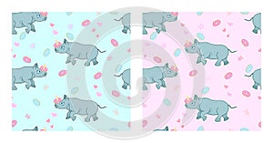 Adorable baby rhino with sweet donuts and hearts background, for boy and girl seamless pattern, cute cartoon animal, editable vect