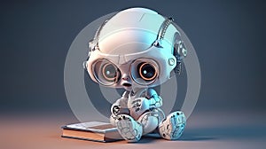 Adorable Baby Robot Reading a Book in Cartoon Style Perfect for Children\'s Books and Educational Materials.