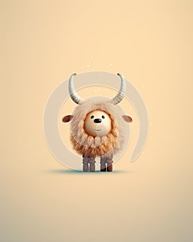 Adorable baby sheep toy on a yellow background. Studio portrait of fuzzy ram. Cute and cuddly plush.