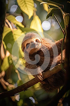 Adorable baby sloth clinging to a tree in the forest