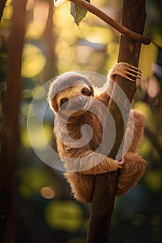 Adorable baby sloth clinging to a tree in the forest