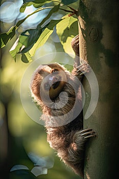 Adorable baby sloth clinging to a tree in the forest