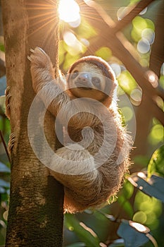 Adorable baby sloth clinging to a tree in the forest