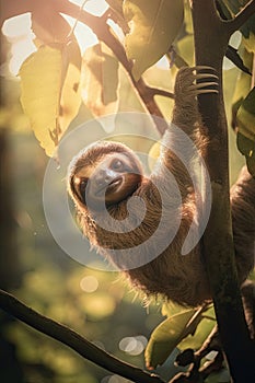 Adorable baby sloth clinging to a tree in the forest