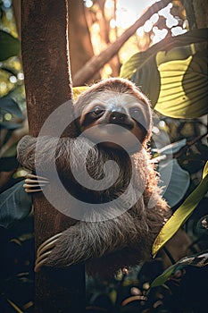 Adorable baby sloth clinging to a tree in the forest