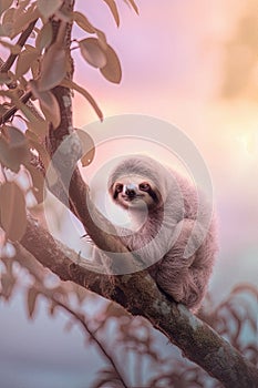 Adorable baby sloth clinging to a tree in the forest