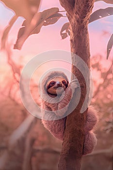 Adorable baby sloth clinging to a tree in the forest