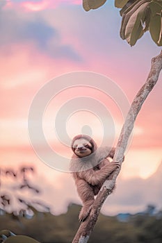 Adorable baby sloth clinging to a tree in the forest