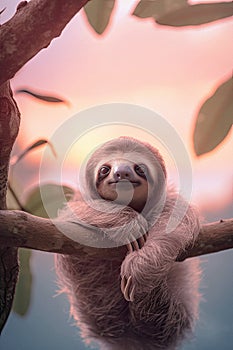 Adorable baby sloth clinging to a tree in the forest