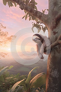 Adorable baby sloth clinging to a tree in the forest