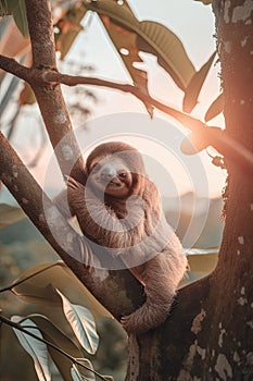 Adorable baby sloth clinging to a tree in the forest