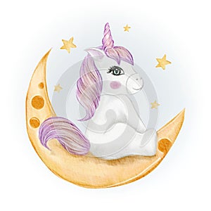 Adorable baby unicorn sitting in the moon watercolor illustration