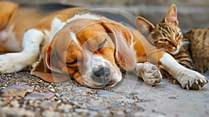Adorable Beagle and brown cat peacefully resting on the footpath, Ai Generated