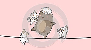 Adorable bear and 4 cats cartoon on the rope