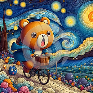 Adorable bear with cute expression, while rides down the street with a bicycle, starry night, cute and mysteriously elements