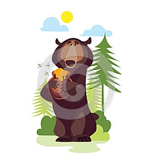 Adorable bear holding a honey pot, accompanied by bees in lush green forest. Child-friendly vector cartoon illustration