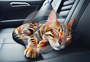An adorable bengal cat resting alone on passenger seat without carrier inside the car when travel with owner on summer vacations