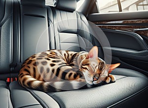 An adorable bengal cat resting alone on passenger seat without carrier inside the car when travel with owner on summer vacations