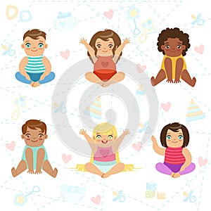 Adorable Big-Eyed Babies Sitting And Smiling, Set Of Cartoon Happy Infant Characters