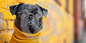 Adorable black pug wearing a yellow sweater and glasses sitting against a brick wall, looking at the camera with a cute