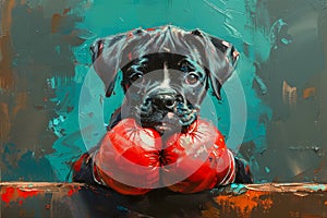 Adorable Black Puppy with Red Boxing Gloves on Artistic Blue Background Cute Doggy Boxer Concept