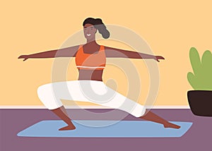 Adorable black skin woman practicing fitness on mat vector flat illustration. Athletic yoga girl demonstrate sports