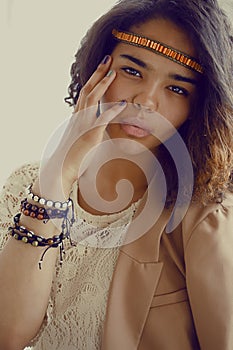 Adorable black skined african teenage girl dressed like hipster hippie, vintage portrait, lifestyle people concept