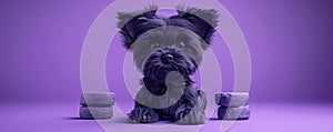 Adorable Black Terrier Puppy on a Vibrant Purple Background With Purple Dog Treats Besides it Cute and Colorful Pet Photography photo