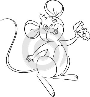 Kawaii black and white illustration of a little mouse holding a piece of cheese, in contour, perfect for children`s coloring book