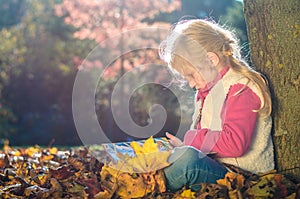 Adorable blond child reading book by the trunk in autumnal sunset afmosphere