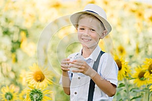 Adorable blond toddler boy funny eating bagel and drinking milk on summer sunflower field outdoors