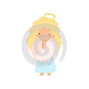 Adorable Blonde Girl Angel with Nimbus and Wings, Lovely Baby Cartoon Character in Cupid or Cherub Costume Vector