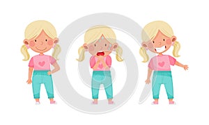 Adorable blonde girl showing different emotions set. Cute kid with cheerful, scared, smiling face expression cartoon