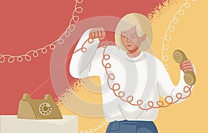 Adorable blonde woman holding telephone handset with torn wire. Concept of break up, assertiveness, disconnect, breaking