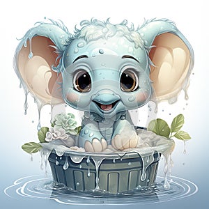 Adorable blue baby elephant in a bath, surrounded by bubbles, with succulents and fresh leaves, exuding pure joy and