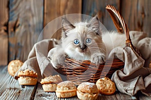 Adorable Blue Eyed Fluffy Kitten Resting in a Wicker Basket Beside Freshly Baked Muffins on Rustic Wooden Background