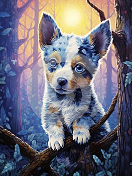 Adorable Blue Heeler Puppy in Forest Painting