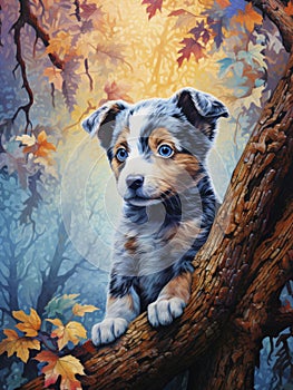 Adorable Blue Heeler Puppy in Forest Painting