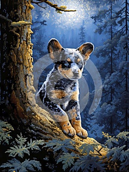 Adorable Blue Heeler Puppy in Forest Painting