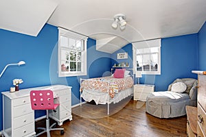 Adorable blue kids room with hardwood floor and vaulted ceiling.