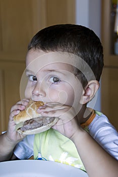 Adorable boy eating cheeseburger
